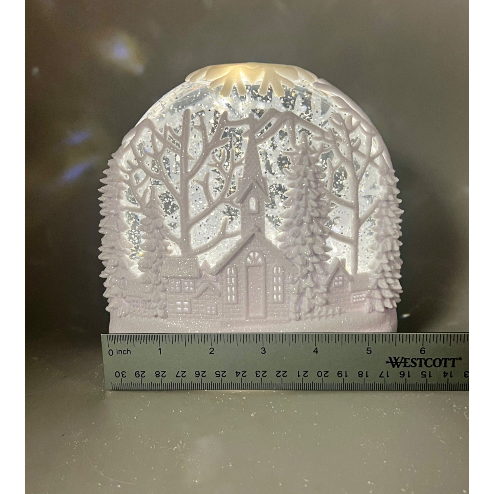 White LED Oval Acrylic Church Scene Water Spinning Snow Globe With Timer