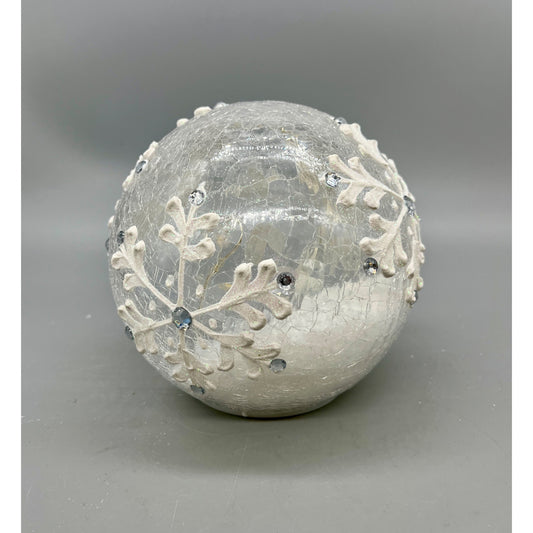 Crackle Glass Globe With LED Lights & Acrylic Snowflakes 5.5" Elegant Holiday Decor