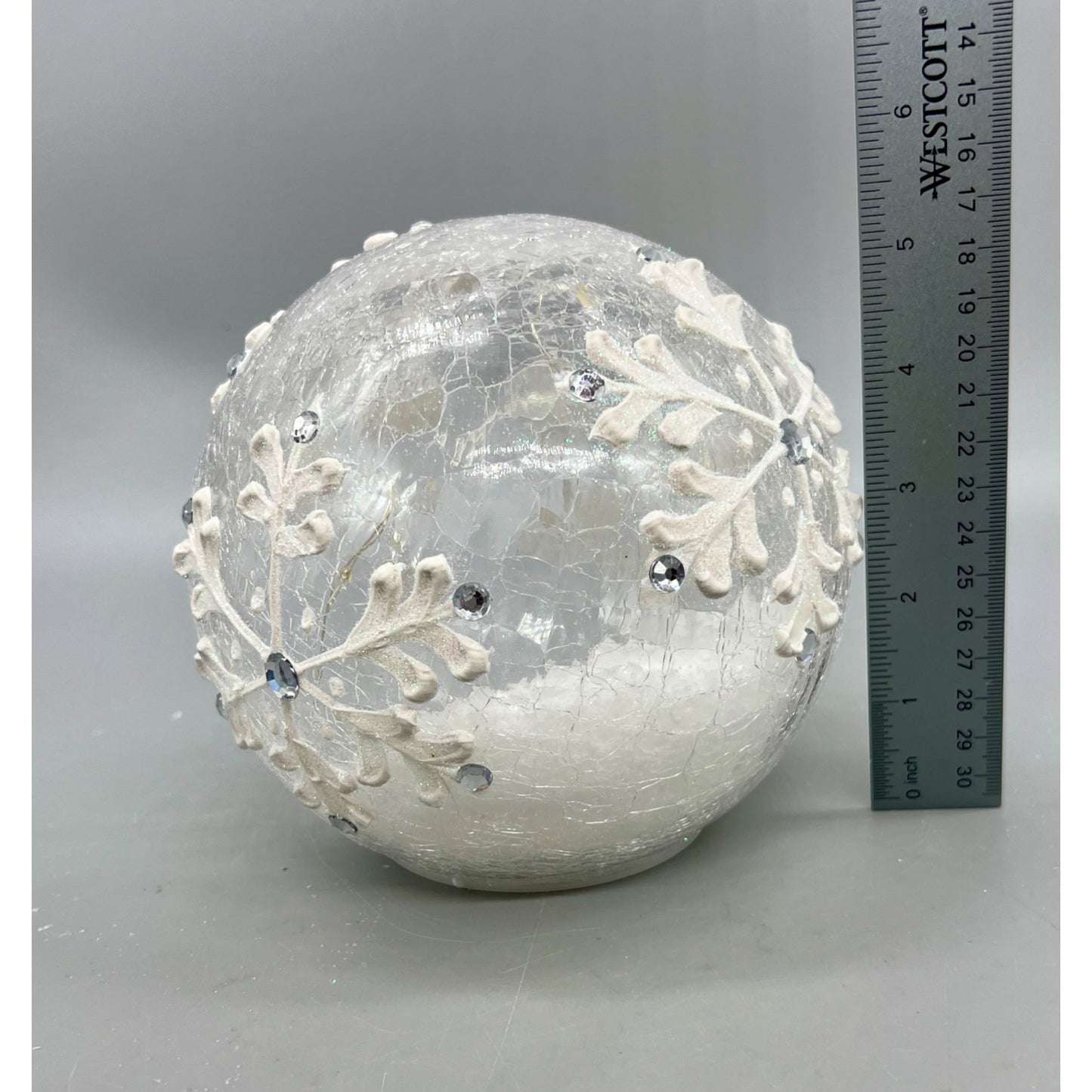 Crackle Glass Globe With LED Lights & Acrylic Snowflakes 5.5" Elegant Holiday Decor