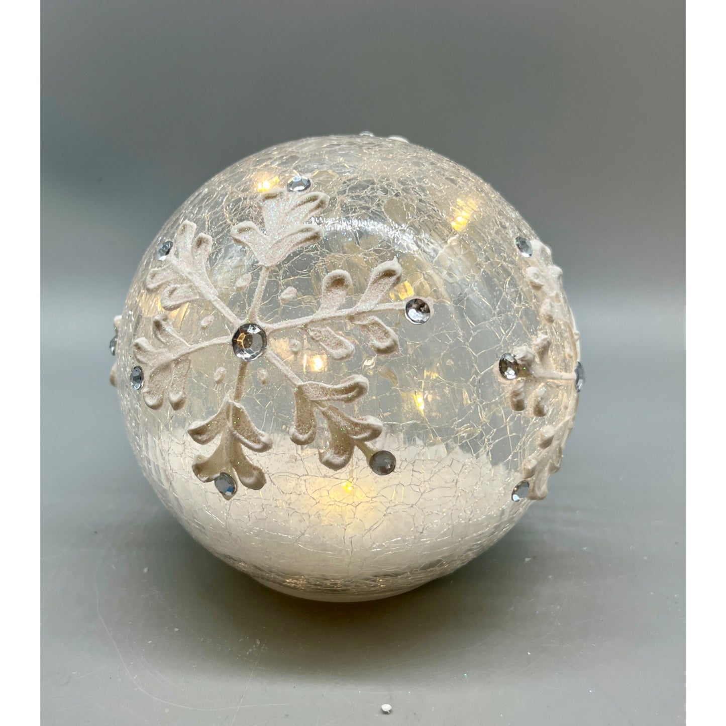 Crackle Glass Globe With LED Lights & Acrylic Snowflakes 5.5" Elegant Holiday Decor