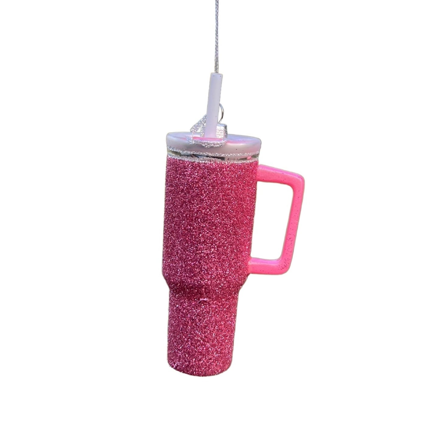 Pink Glitter Tumbler Ornament W/ Straw & Handle 5" Christmas Decoration Sparkling Finish