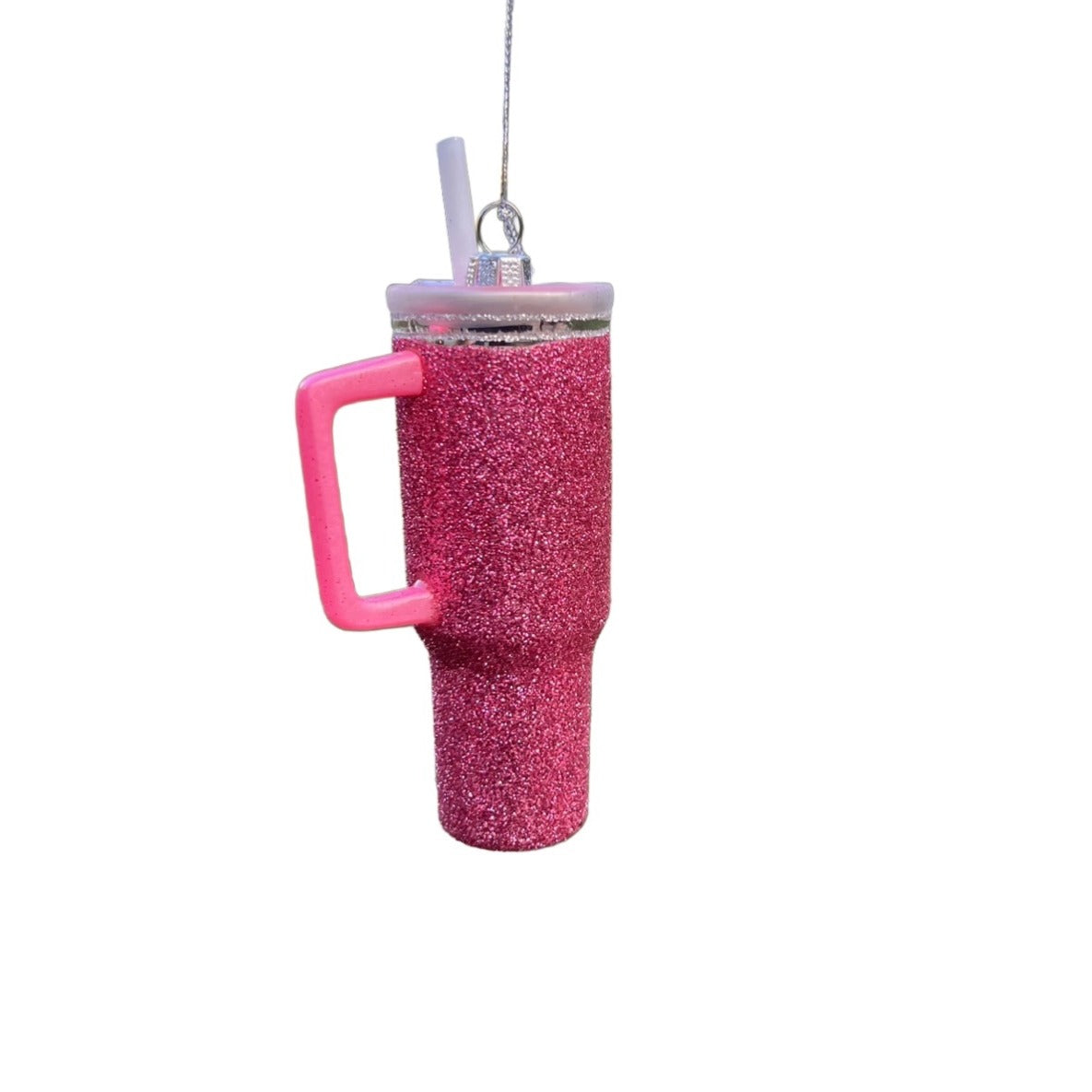 Pink Glitter Tumbler Ornament W/ Straw & Handle 5" Christmas Decoration Sparkling Finish