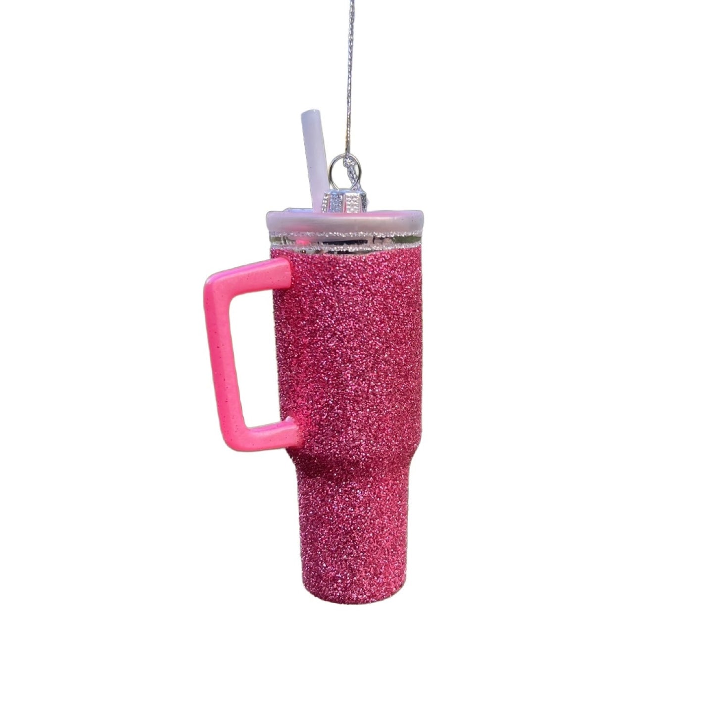 Pink Glitter Tumbler Ornament W/ Straw & Handle 5" Christmas Decoration Sparkling Finish