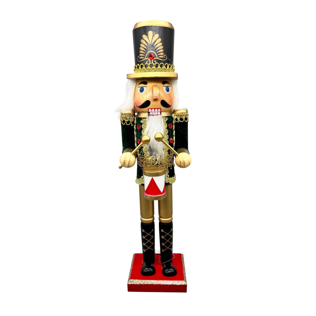 15” Hand Decorated Wood Drummer Nutcracker with Dark Green & Gold Jacket Christmas Figurine