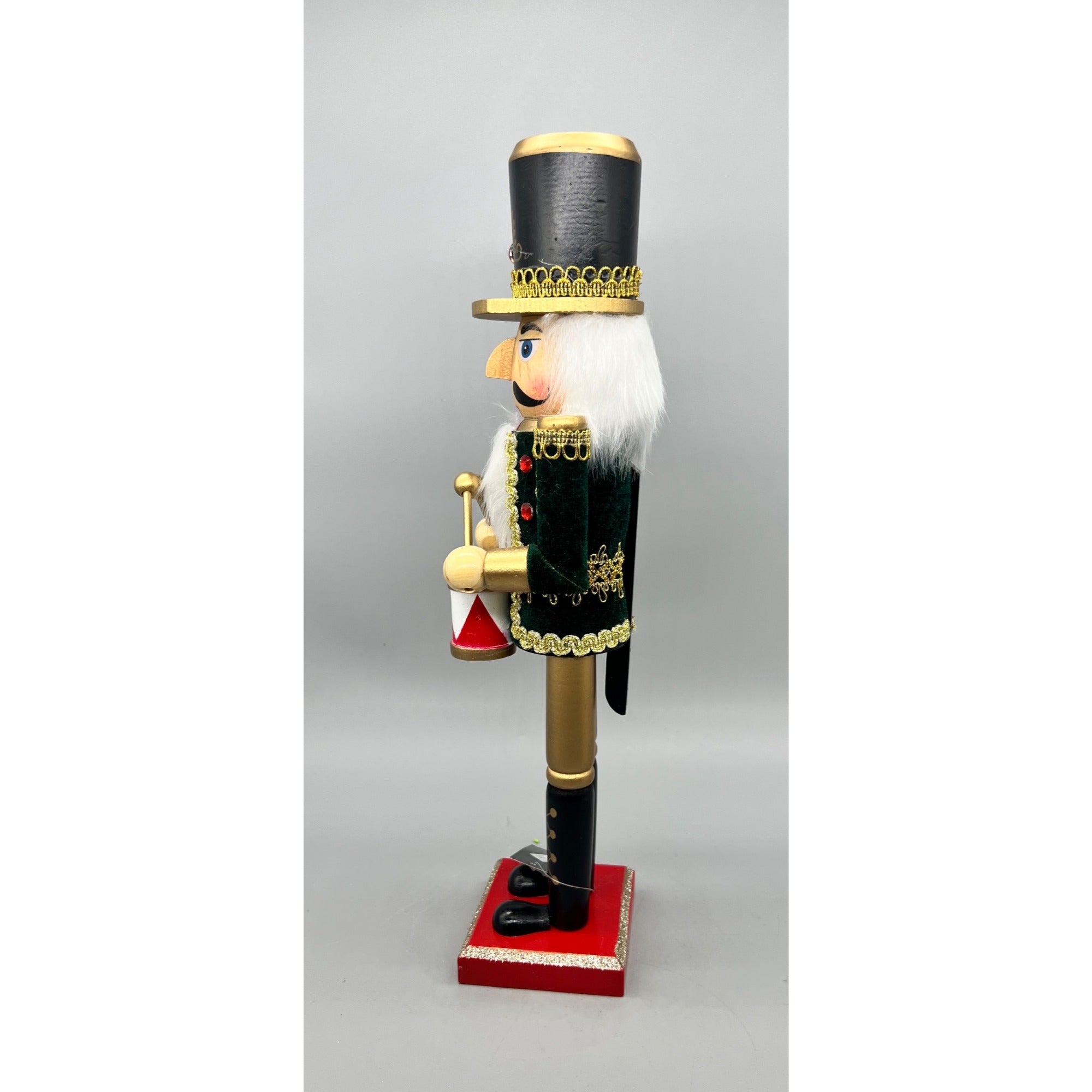 15” Hand Decorated Wood Drummer Nutcracker with Dark Green & Gold Jacket Christmas Figurine