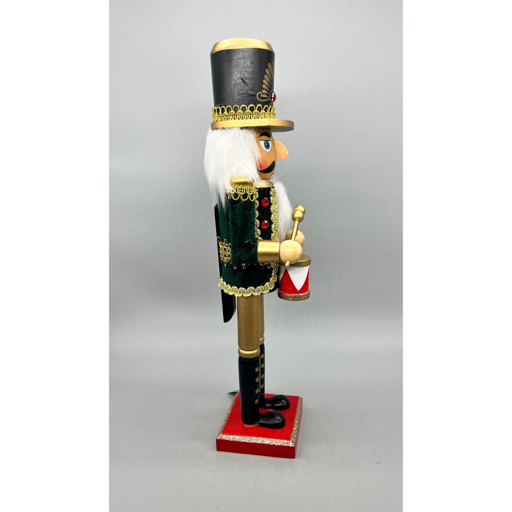 15” Hand Decorated Wood Drummer Nutcracker with Dark Green & Gold Jacket Christmas Figurine