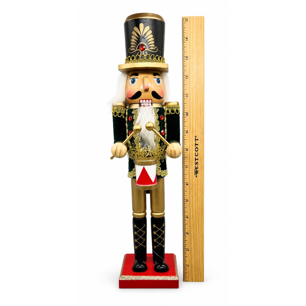 15” Hand Decorated Wood Drummer Nutcracker with Dark Green & Gold Jacket Christmas Figurine