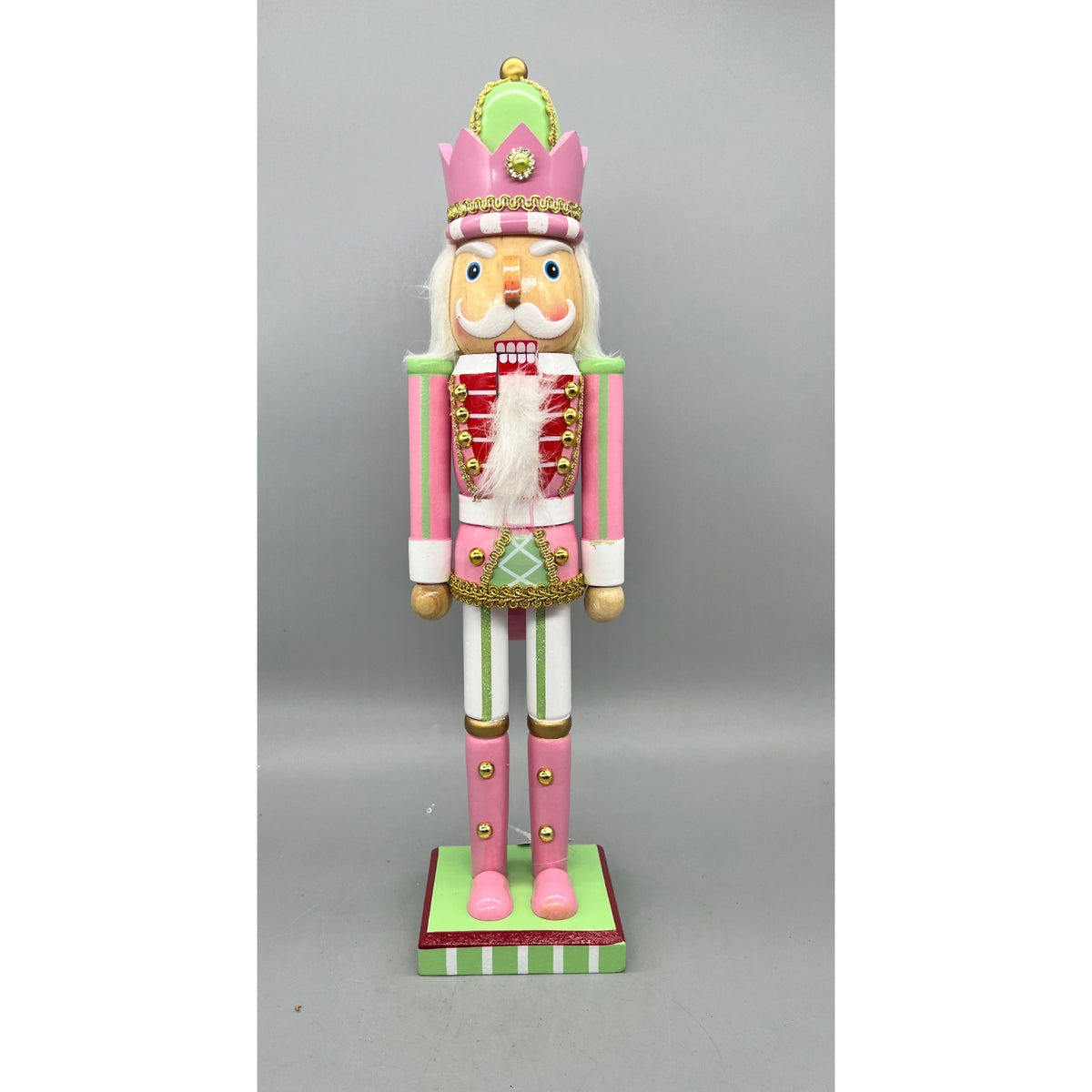15” Hand Decorated Pastel Pink & Green Christmas Nutcracker Figurine