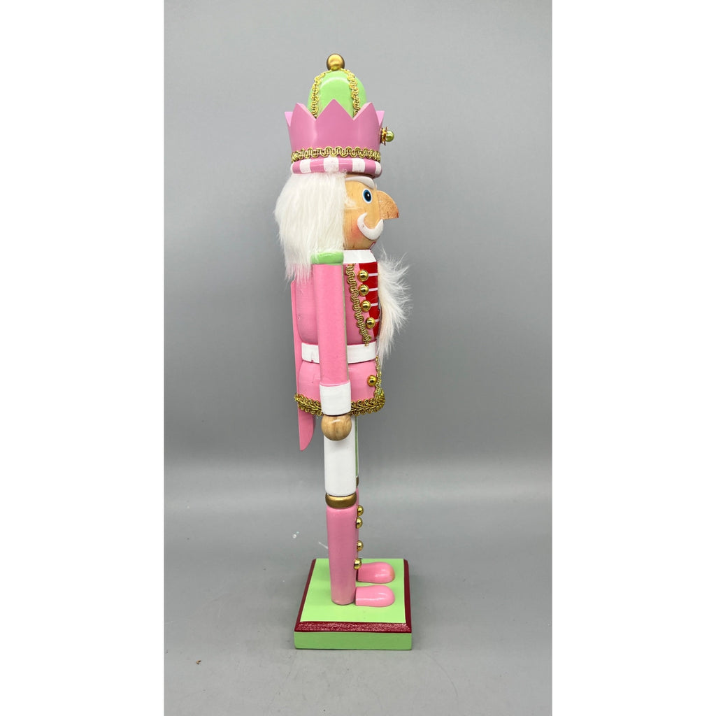 15” Hand Decorated Pastel Pink & Green Christmas Nutcracker Figurine
