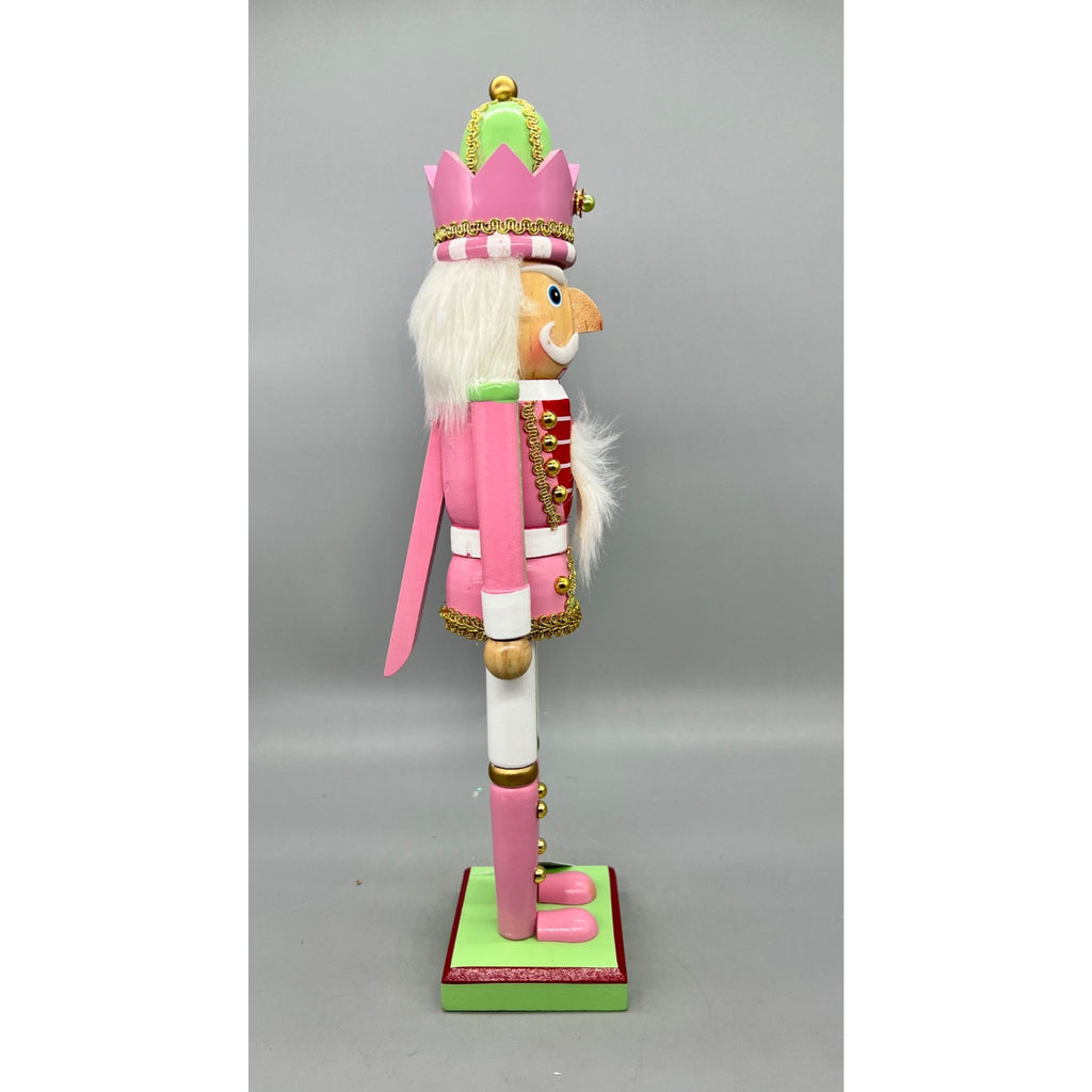 15” Hand Decorated Pastel Pink & Green Christmas Nutcracker Figurine