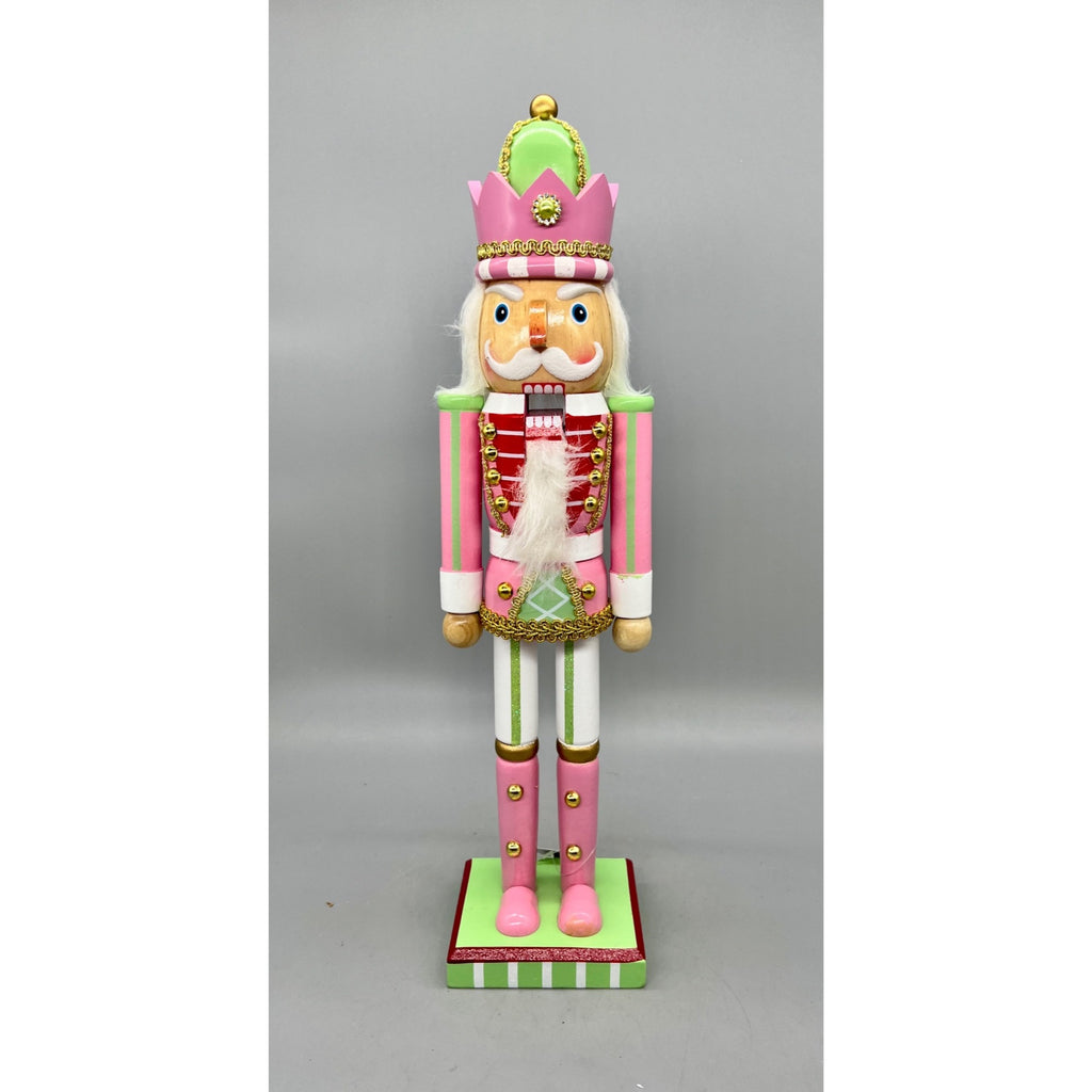 15” Hand Decorated Pastel Pink & Green Christmas Nutcracker Figurine