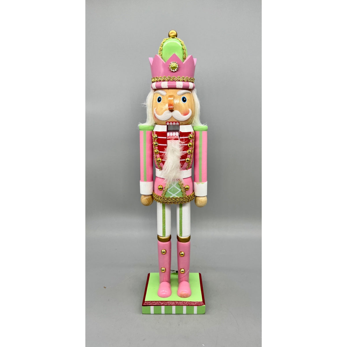 15” Hand Decorated Pastel Pink & Green Christmas Nutcracker Figurine