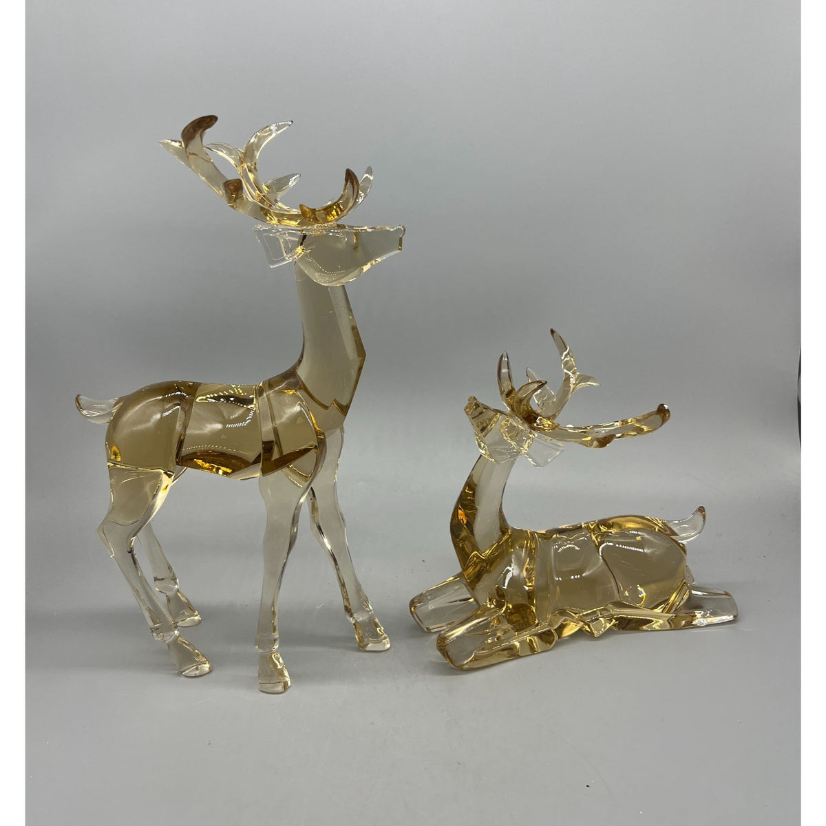 Vintage Amber & Clear Faceted Glass Reindeer Figurine  – Standing & Reclining Deer, 7.5" and 12" Sold Separatel