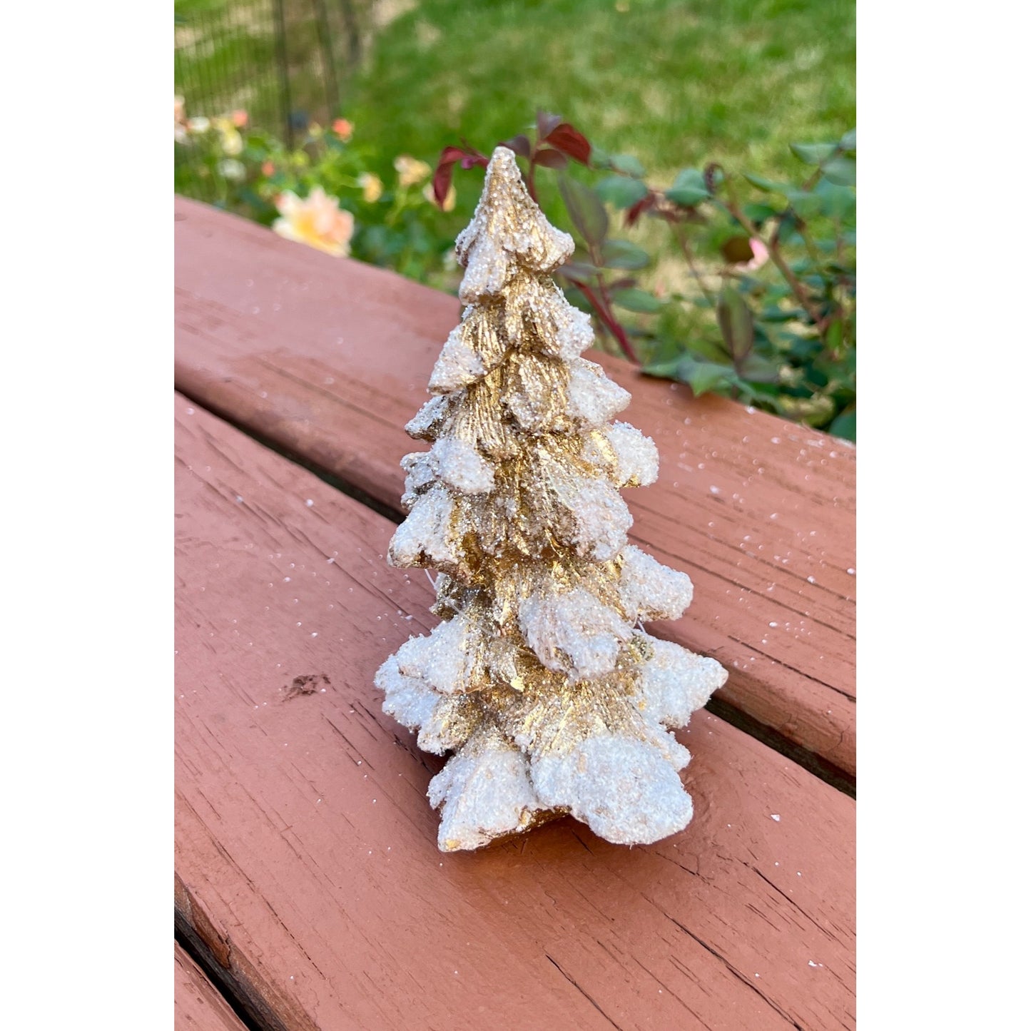 Glittery Gold & White Snow-Dusted Decorative Christmas Tree Figurine - 6.25” Tall