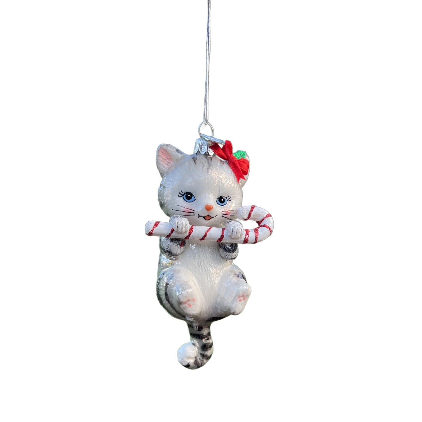 Kurt Adler Noble Gems 5" Gray Tabby Christmas Ornament Holding Candy Cane