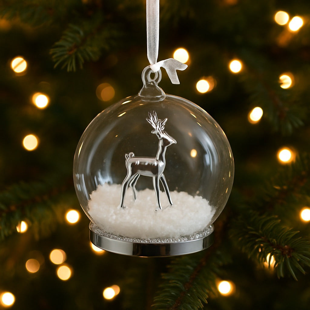 Silver Deer In Glass Ornament With Snow And Ribbon Hanger - Elegant Holiday Decoration