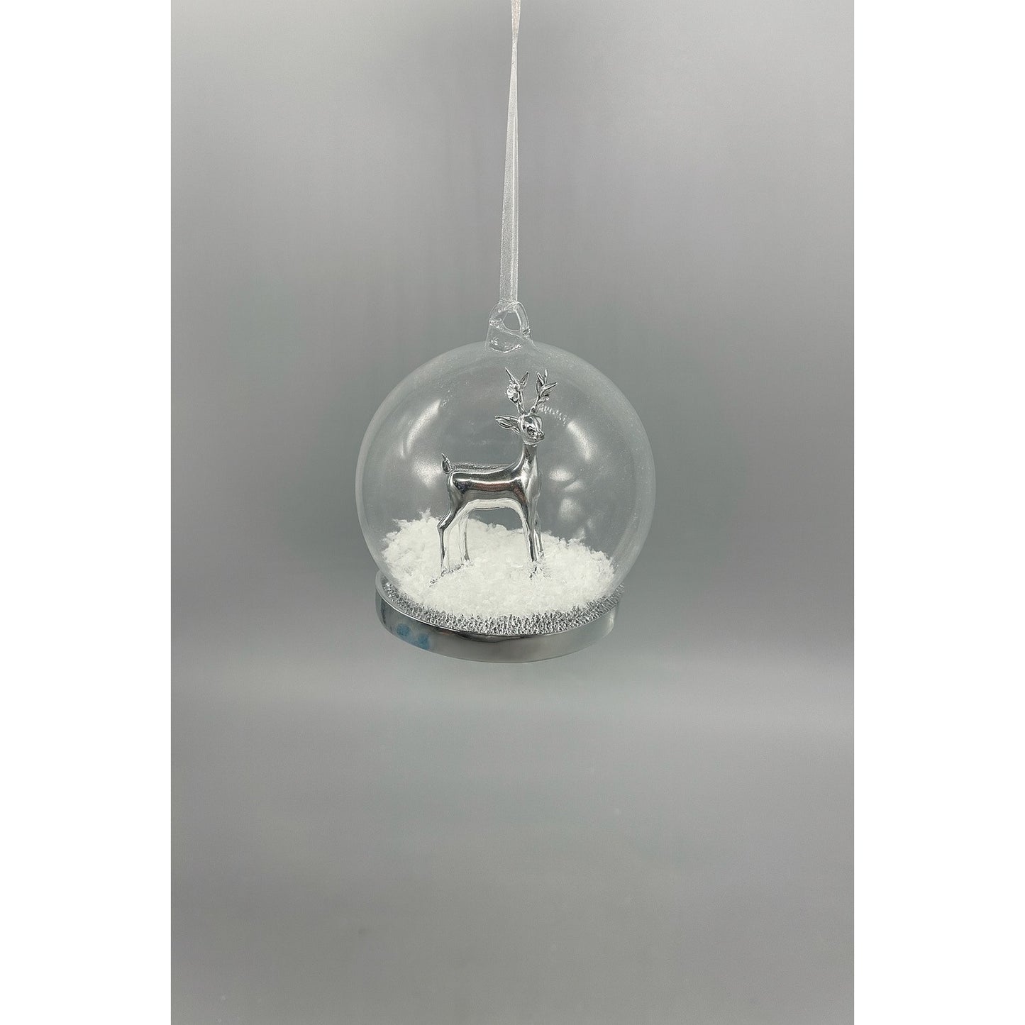 Silver Deer In Glass Ornament With Snow And Ribbon Hanger - Elegant Holiday Decoration