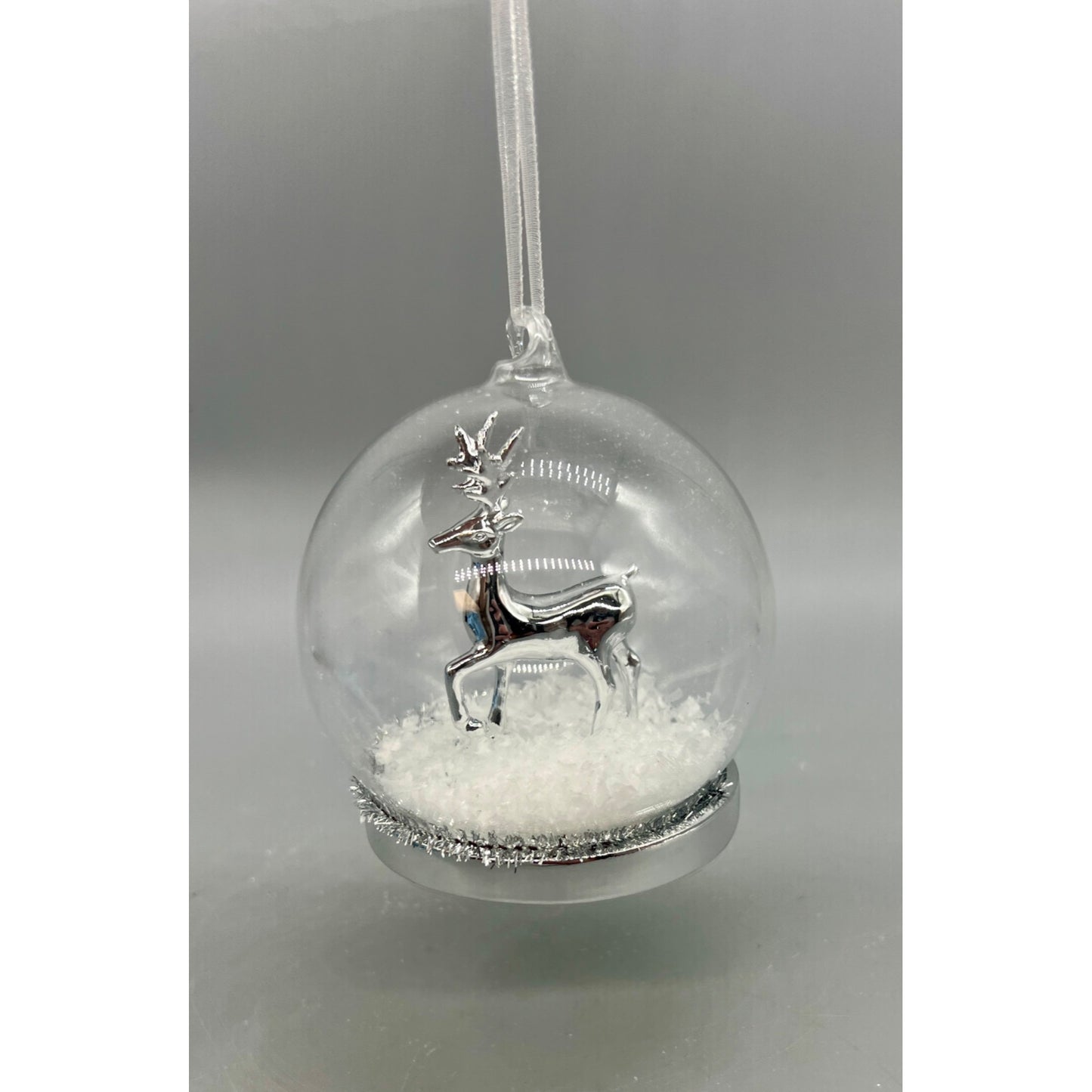 Silver Deer In Glass Ornament With Snow And Ribbon Hanger - Elegant Holiday Decoration