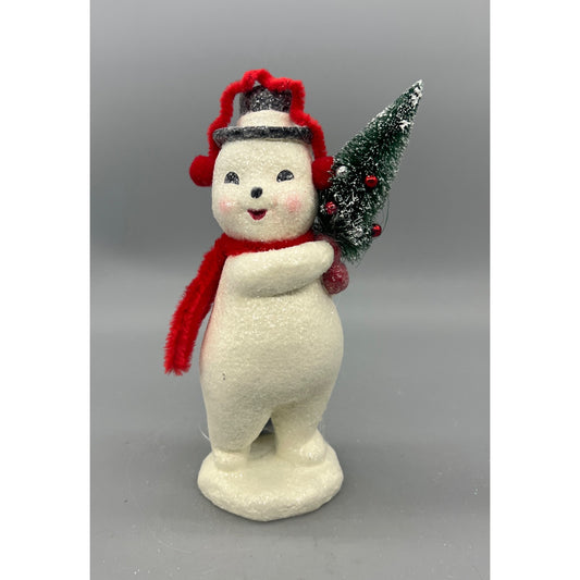 Glittered Snowman Figurine With Red Earmuffs Scarf & Christmas Tree Decoration