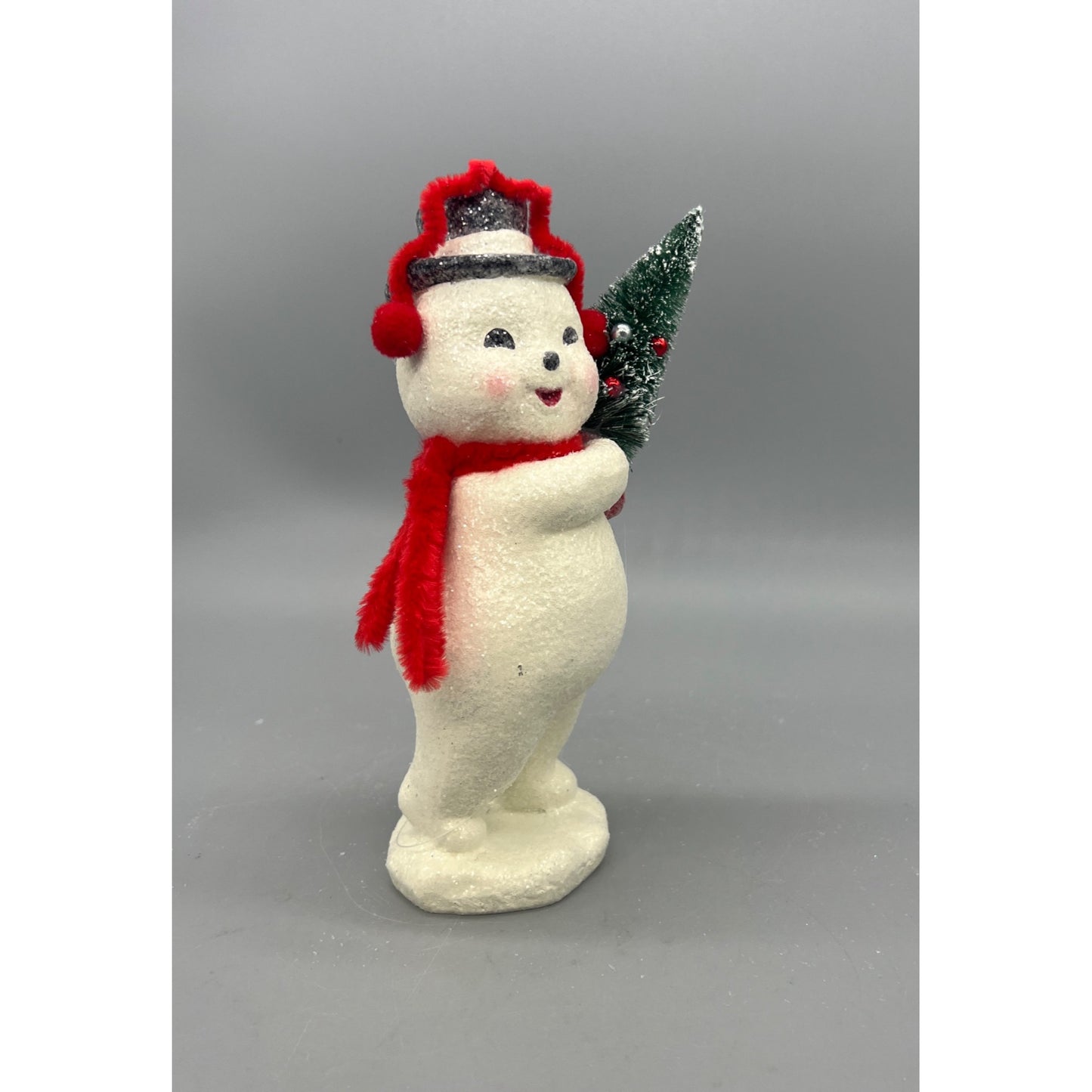 Glittered Snowman Figurine With Red Earmuffs Scarf & Christmas Tree Decoration