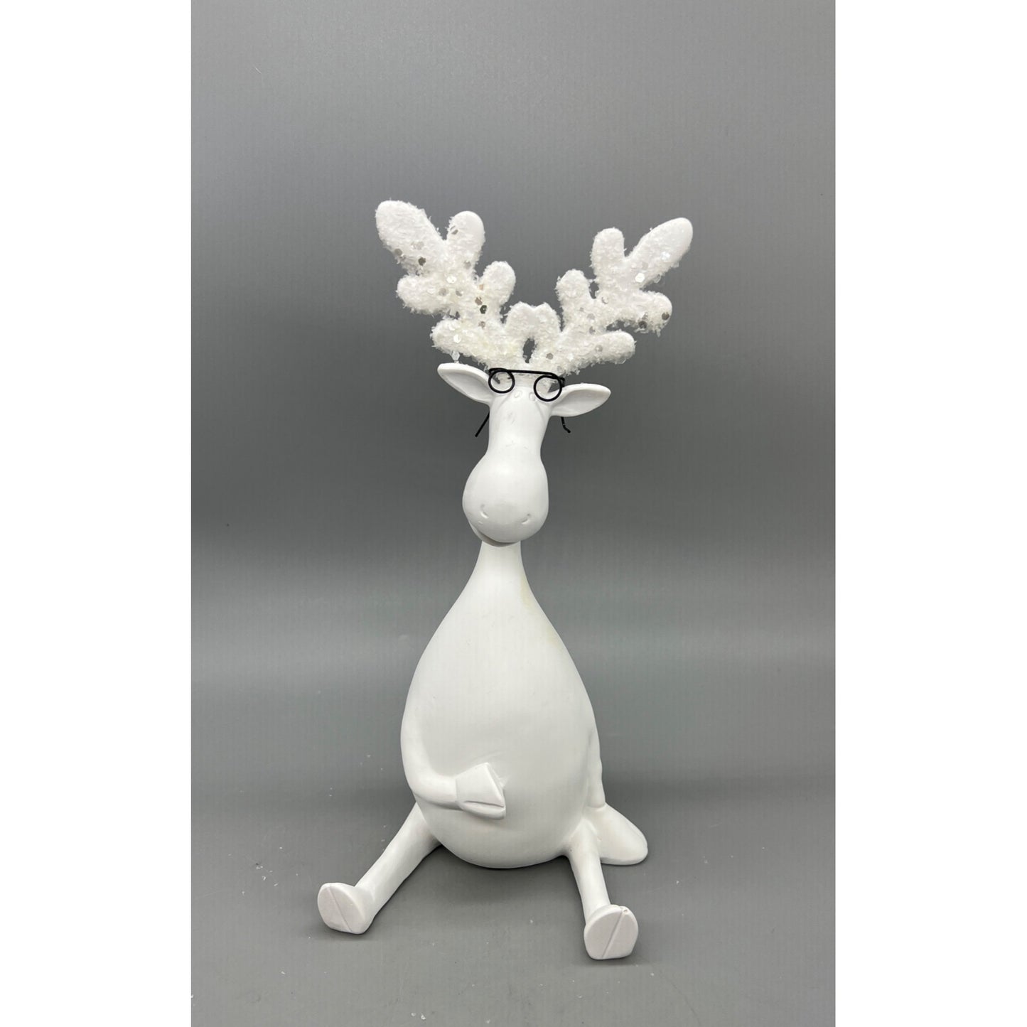 White Moose Figurine With Glasses & Sparkly Antlers - 10" Hand Decorated  Sculpture