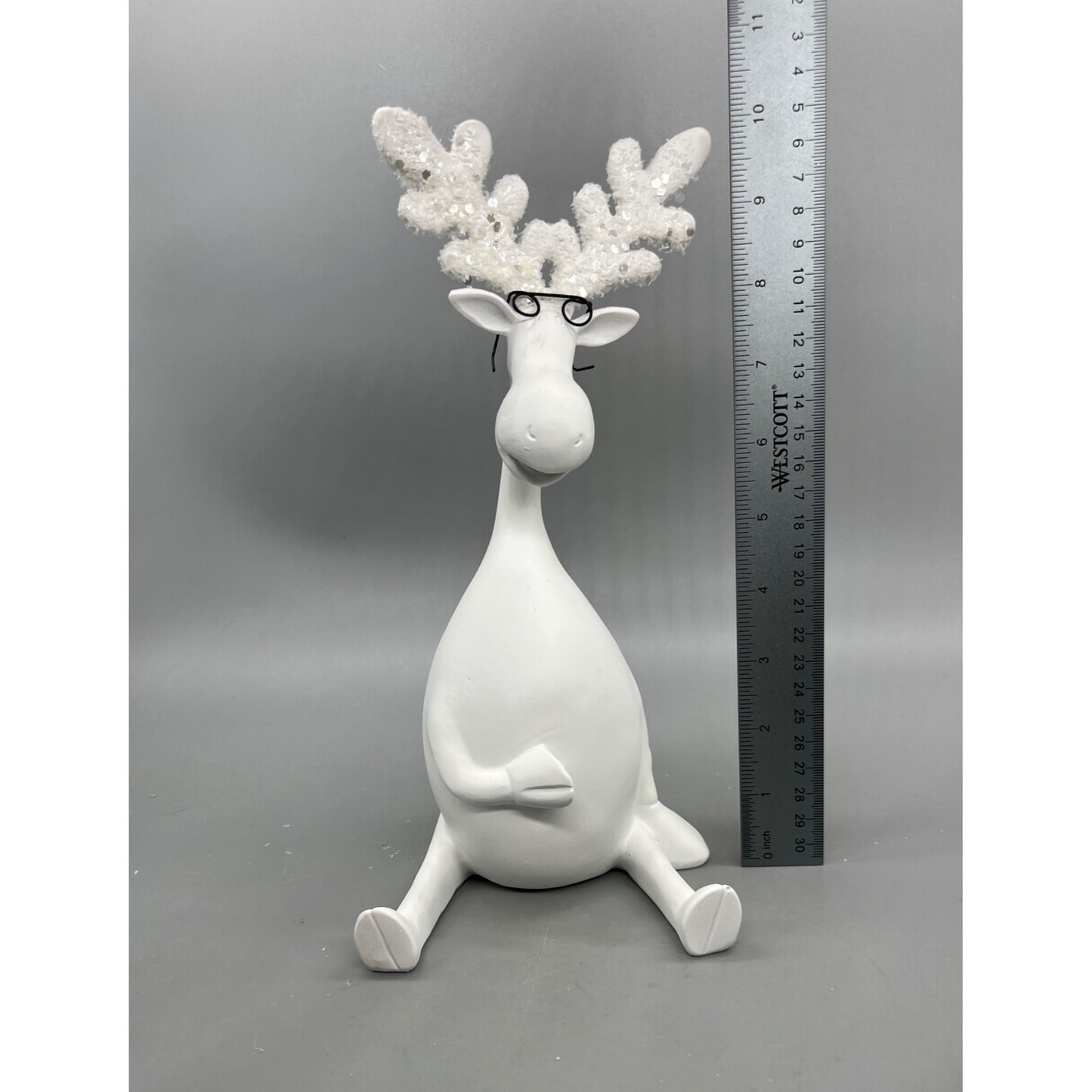 White Moose Figurine With Glasses & Sparkly Antlers - 10" Hand Decorated  Sculpture