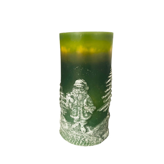 Santa & Evergreen Fountain Candle 8" Green Wax Pillar With White Holiday Design
