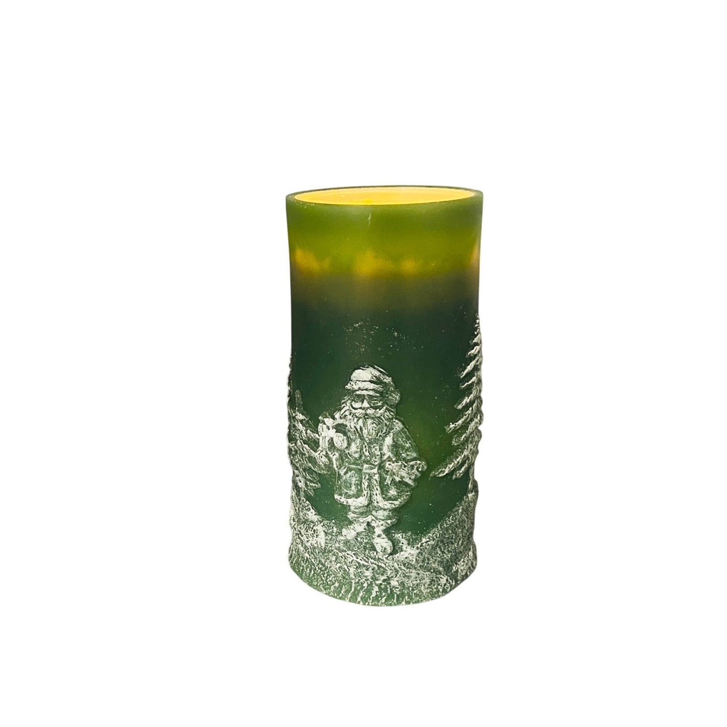 Santa & Evergreen Fountain Candle 8" Green Wax Pillar With White Holiday Design