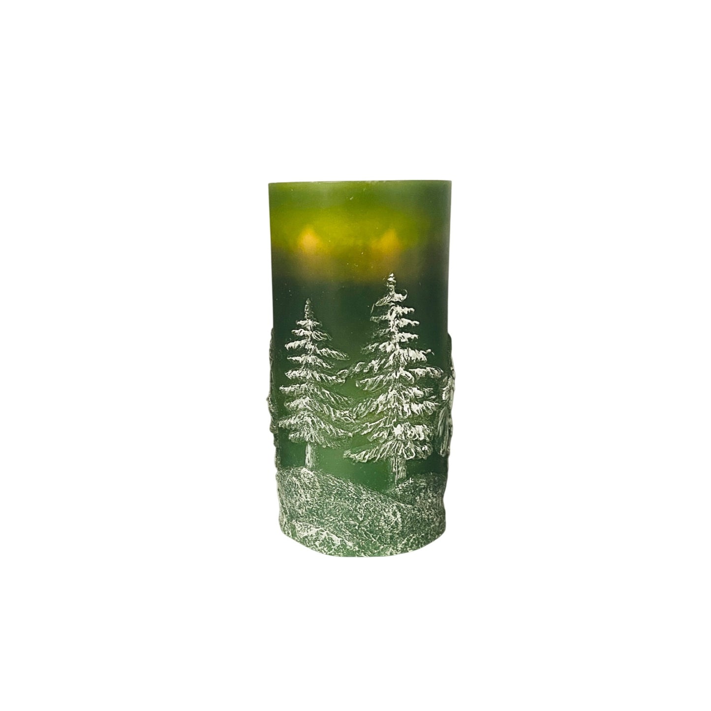 Santa & Evergreen Fountain Candle 8" Green Wax Pillar With White Holiday Design