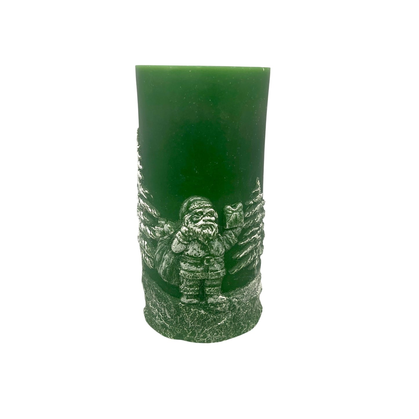 Santa & Evergreen Fountain Candle 8" Green Wax Pillar With White Holiday Design