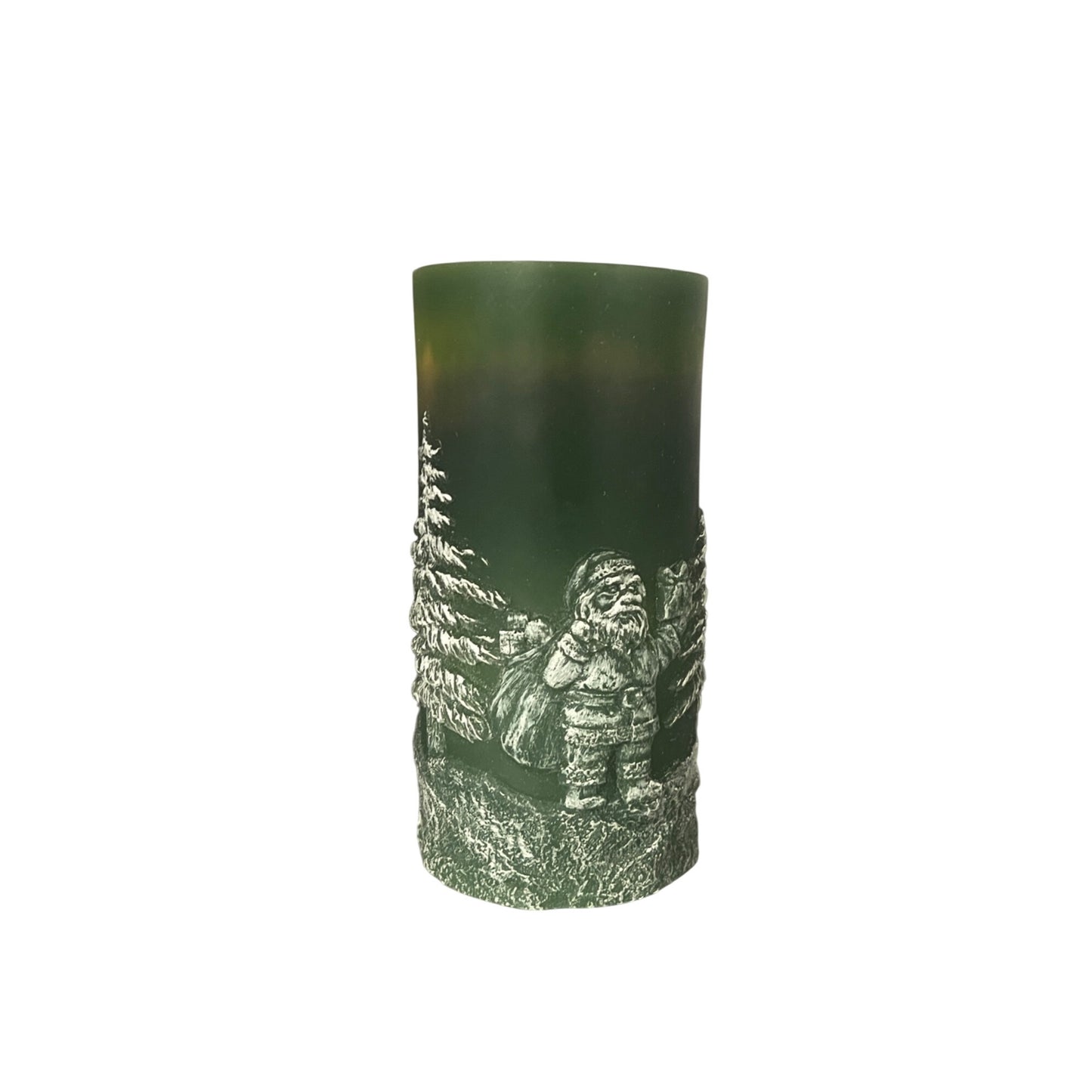 Santa & Evergreen Fountain Candle 8" Green Wax Pillar With White Holiday Design