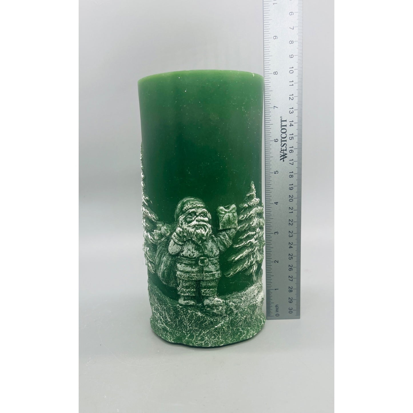 Santa & Evergreen Fountain Candle 8" Green Wax Pillar With White Holiday Design