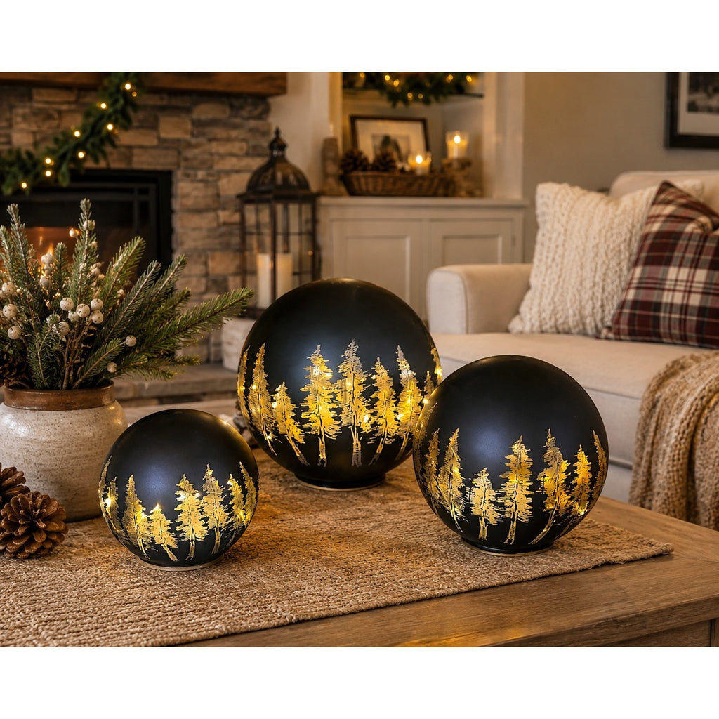 Lighted Glass Globe SET Christmas Decor, Illuminated Pine Tree Sphere Centerpiece, Rustic Winter Forest Tabletop LED Orbs, Holiday Decor
