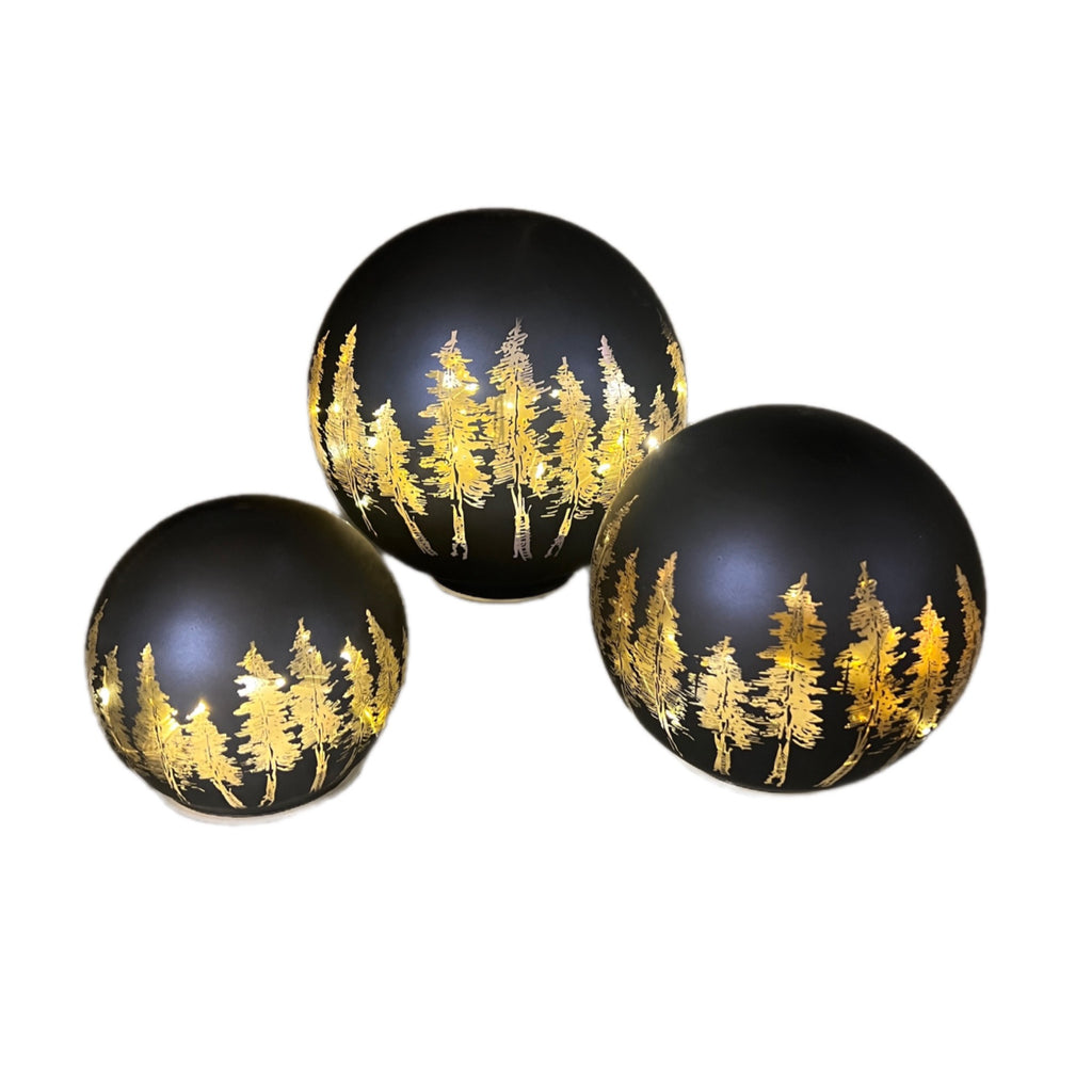 Lighted Glass Globe SET Christmas Decor, Illuminated Pine Tree Sphere Centerpiece, Rustic Winter Forest Tabletop LED Orbs, Holiday Decor