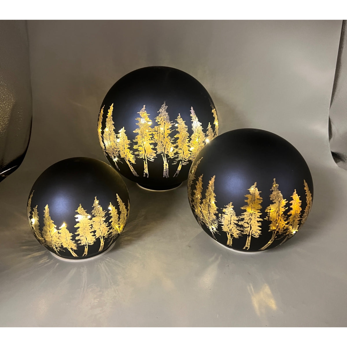 Lighted Glass Globe SET Christmas Decor, Illuminated Pine Tree Sphere Centerpiece, Rustic Winter Forest Tabletop LED Orbs, Holiday Decor
