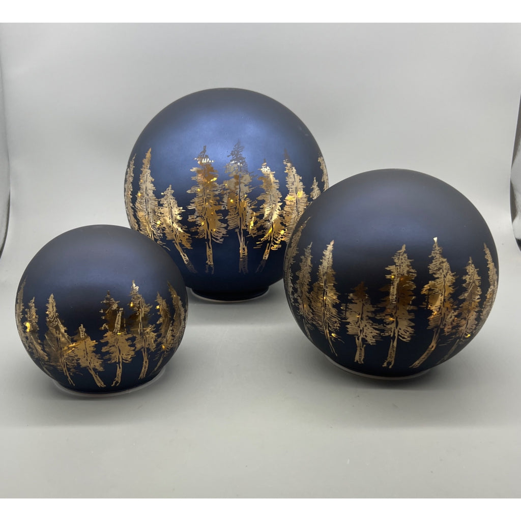 Lighted Glass Globe SET Christmas Decor, Illuminated Pine Tree Sphere Centerpiece, Rustic Winter Forest Tabletop LED Orbs, Holiday Decor