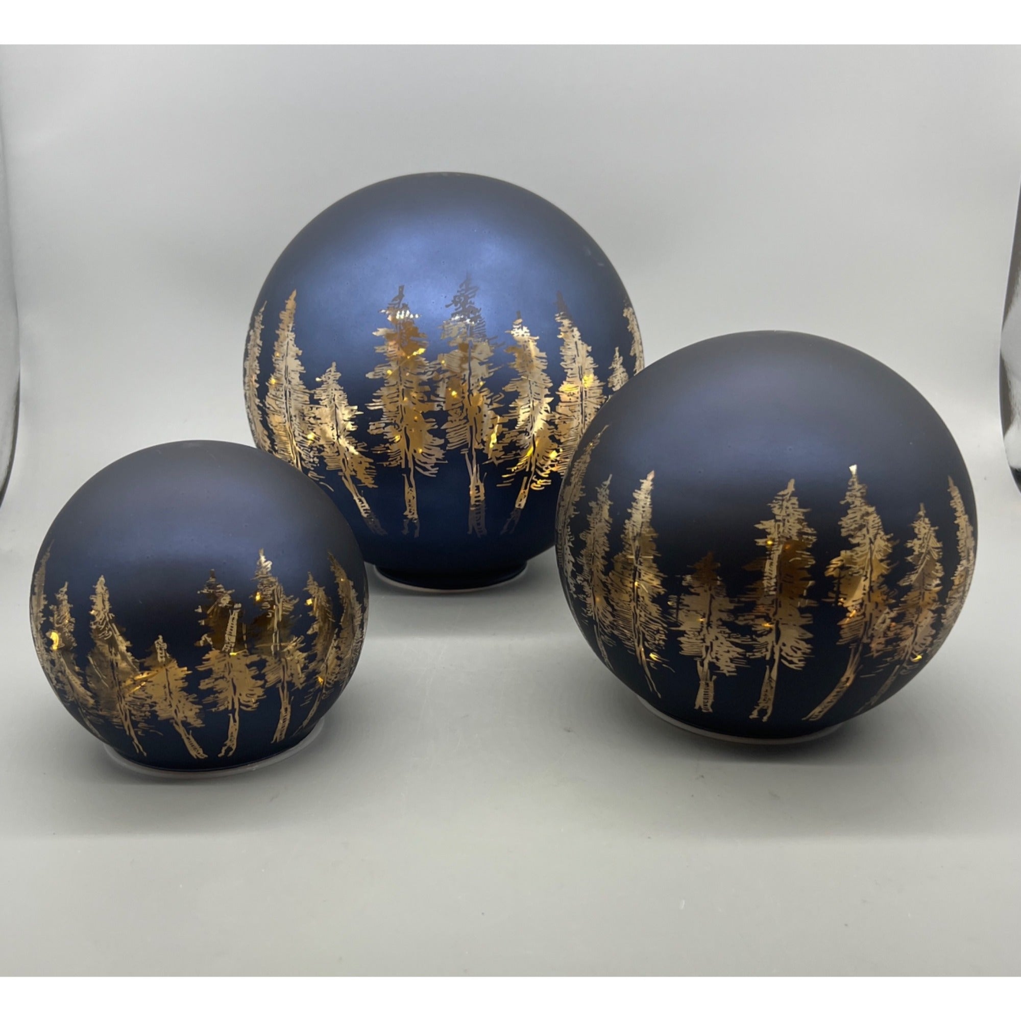 Lighted Glass Globe SET Christmas Decor, Illuminated Pine Tree Sphere Centerpiece, Rustic Winter Forest Tabletop LED Orbs, Holiday Decor