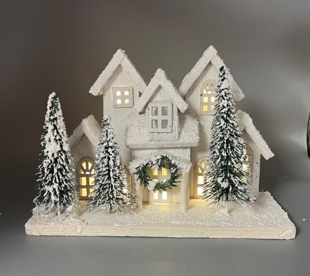 Light Up White Christmas House with Wreath and Snowy Trees – Holiday Tabletop Decor