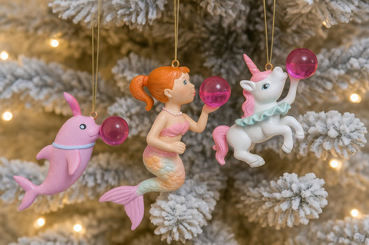 Whimsical Characters Blowing Bubbles Christmas Ornament Mermaid Unicorn Dolphin