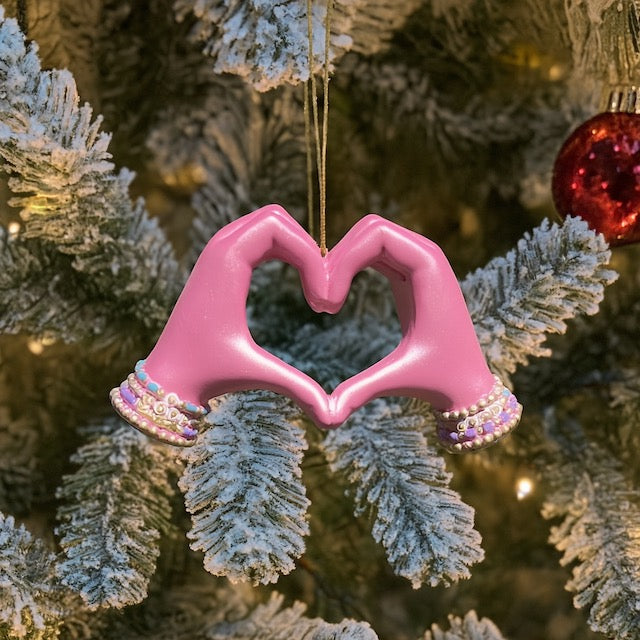 Kurt Adler 5" Pink Hand Heart Ornament – Love Gesture with Beaded Bracelets T3727