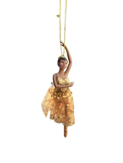 Kurt Adler African American Ballerina Ornament – Gold Sequin Ballet Dancer – Christmas Tree Décor – Sold Separately T3873