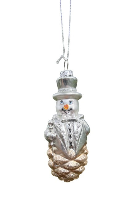 Kurt Adler Silver Snowman Christmas Ornament – Pinecone Base with Top Hat and Cane – Elegant 4" Holiday Tree Decoration D4513