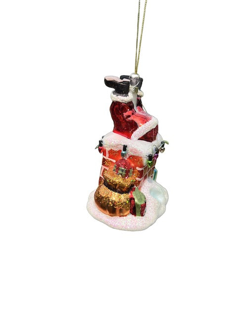 Glass Santa Stuck in Chimney Christmas Ornament with Presents and Lights 98011