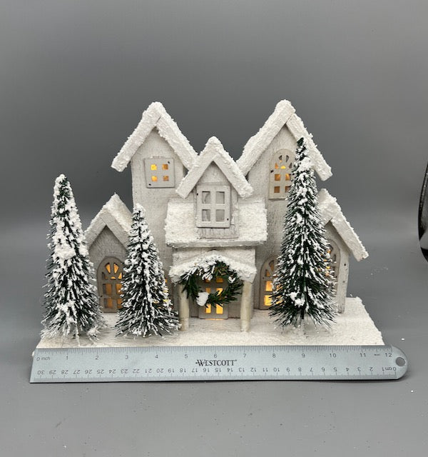 Light Up White Christmas House with Wreath and Snowy Trees – Holiday Tabletop Decor