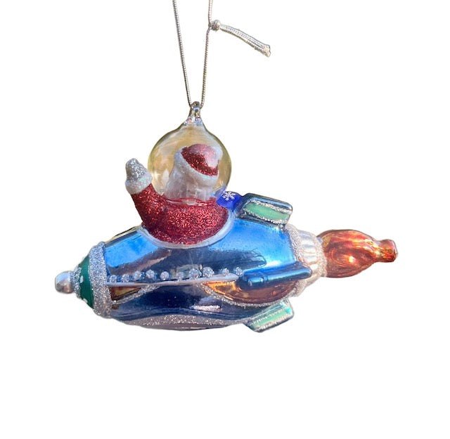 Kurt Adler Noble Gems Santa In Rocketship Glass Ornament NB1784