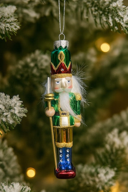 Kurt Adler 6.75" Glass Nutcracker Ornament – Red, Green, or Red/Navy with Axe (Sold Separately)