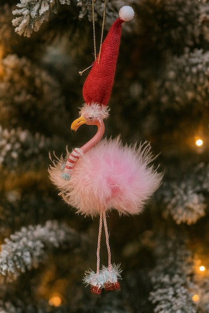 Kurt Adler 7.5" Pink Flamingo Christmas Ornament with Santa Hat and Fuzzy Feathers W6647