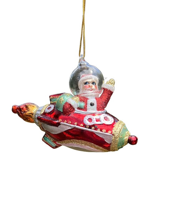 Kurt Adler Noble Gems Santa In Rocketship Glass Ornament NB1784