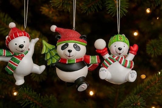 Kurt Adler 3.375"–3.625" Christmas Animal Ornaments – Bear & Panda in Winter Hats and Scarves (Sold Separately)