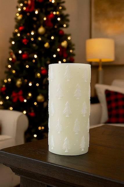 LED Water Candle with Embossed Christmas Tree Design – 8" Holiday Decor